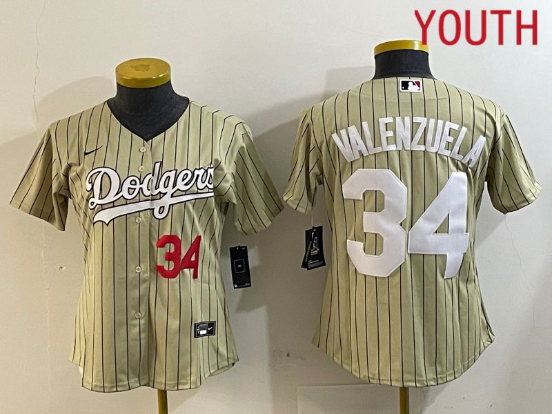 Youth Los Angeles Dodgers #34 Valenzuela Green Stripe Game 2024 Nike MLB Jersey style 4